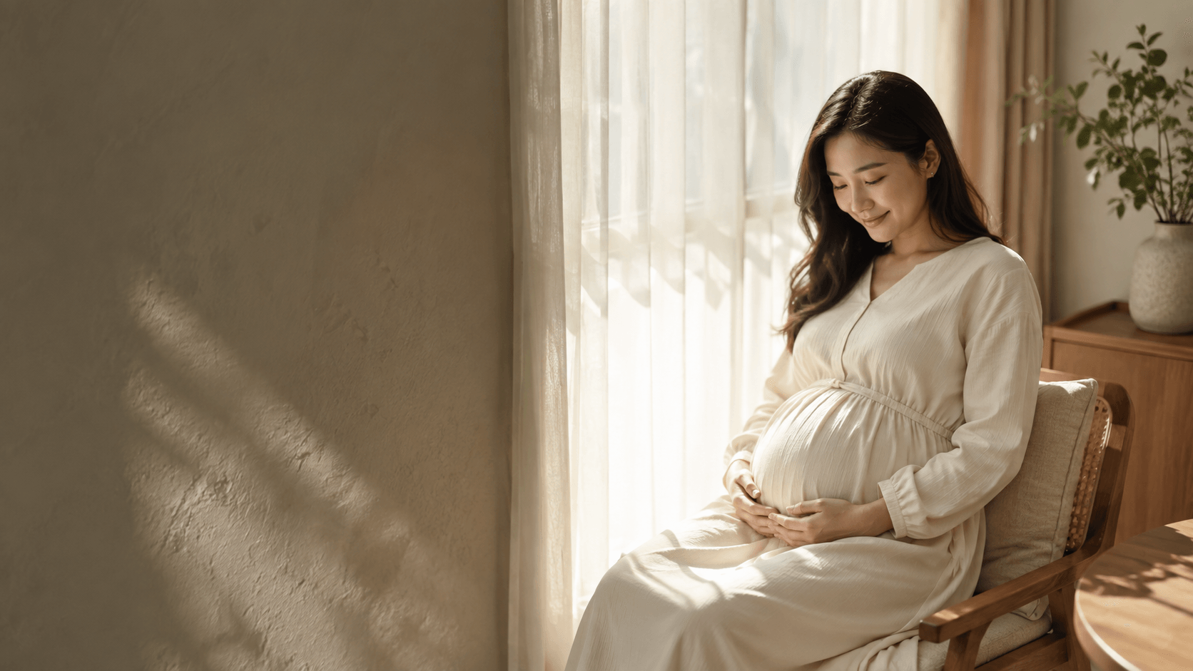 햇살이 드는 창가에서 아이를 기다리는 산모의 모습