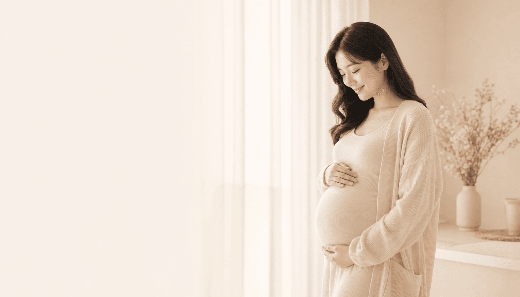 차분한 공간에서 배를 감싸고 서 있는 임산부